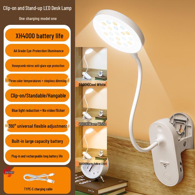 Rechargeable LED Clip-on Desk Lamp: Eye-Protecting, Super Bright Study Lamp