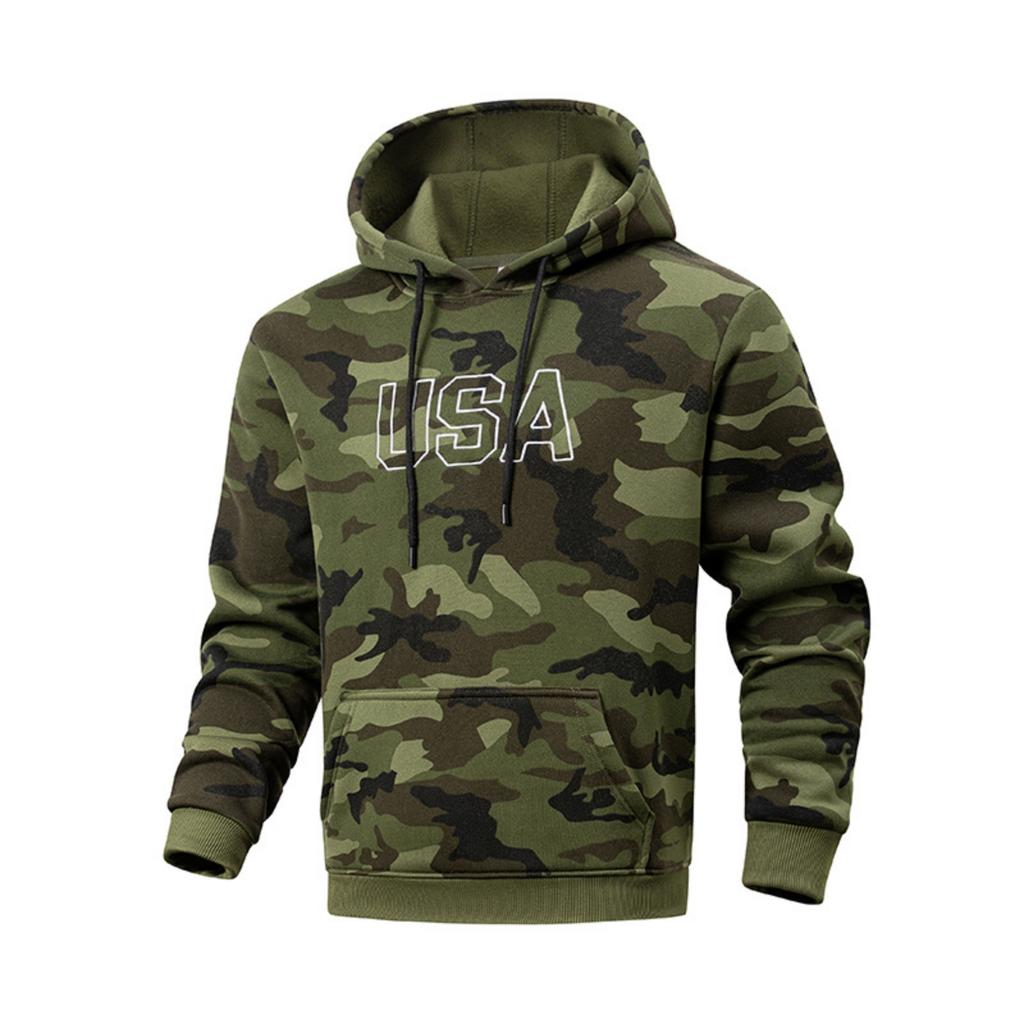 Men's Camouflage Printed Letter Embroidered High-weight Hoodie, Men's Trendy Sporty Casual Hoodie
