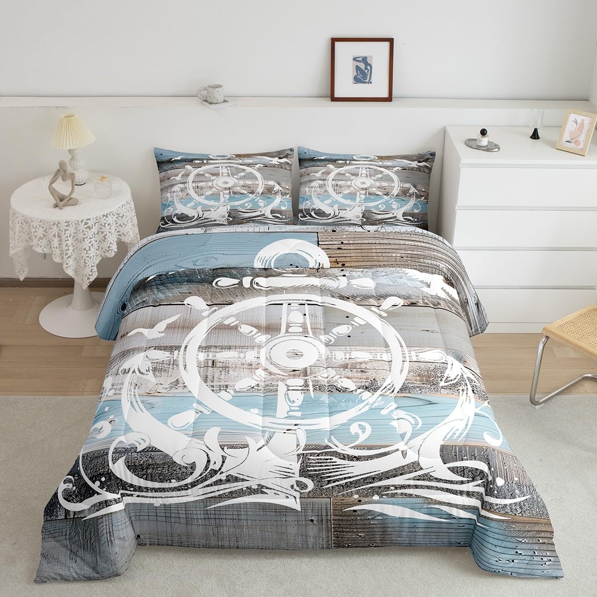 

Nautical Compass Comforter Set King Size, Retro Anchor Duvet Sets Geometric Stripes Down Comforter For Kids Boys Teens Adult, Seagull Ocean 155x200cm