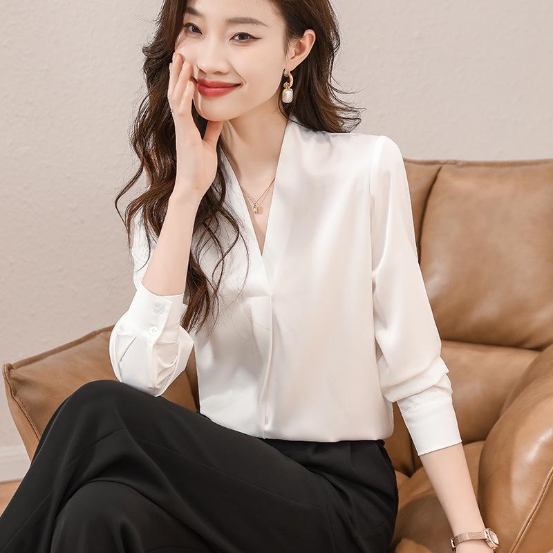 White Satin V-Neck Long Sleeve Shirt for Women - 2025 Autumn French Design