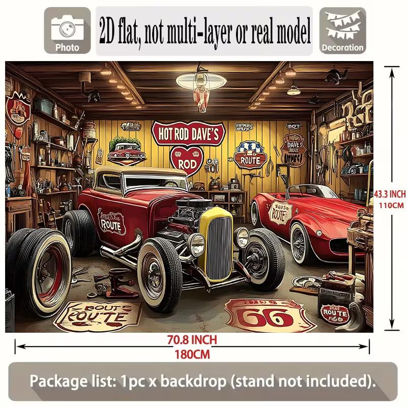 Toile de fond 2D pour garage Hot Rod pour hommes - Arrière-plan de photomaton sur le thème de la Route 66