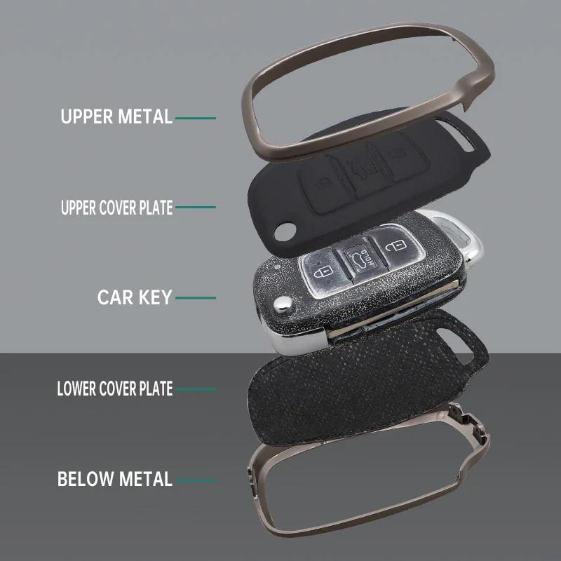 Zinc Alloy+Pu Leather Car Key Case For Hyundai Sonata Santa Fe Tucson Elantra Ix35 Ix45 Flip Remote Key Full Cover Holder Shell