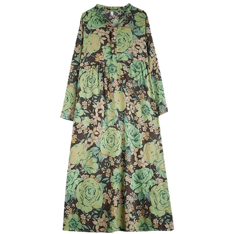 New Bohemian Vintage Printed Loose Belly Covering Long Sleeve Big Swing Long Dresses