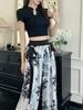 Plus Size Chinese Ink Painting High Waist Wide Leg Summer Skirt-Pants for Women