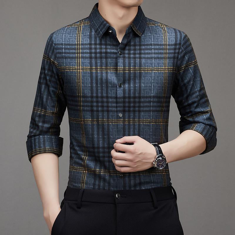 Pánská košile s dlouhým rukávem Volná Jarní a podzimní Nová pánská kostkovaná košile Nežehlivá Strečová košile