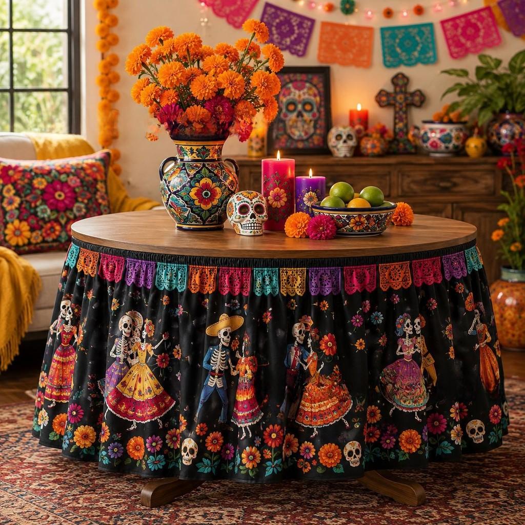 Dia De Los Muertos Table Skirt Mexican Skull Pattern Polyester Party Decor For Events