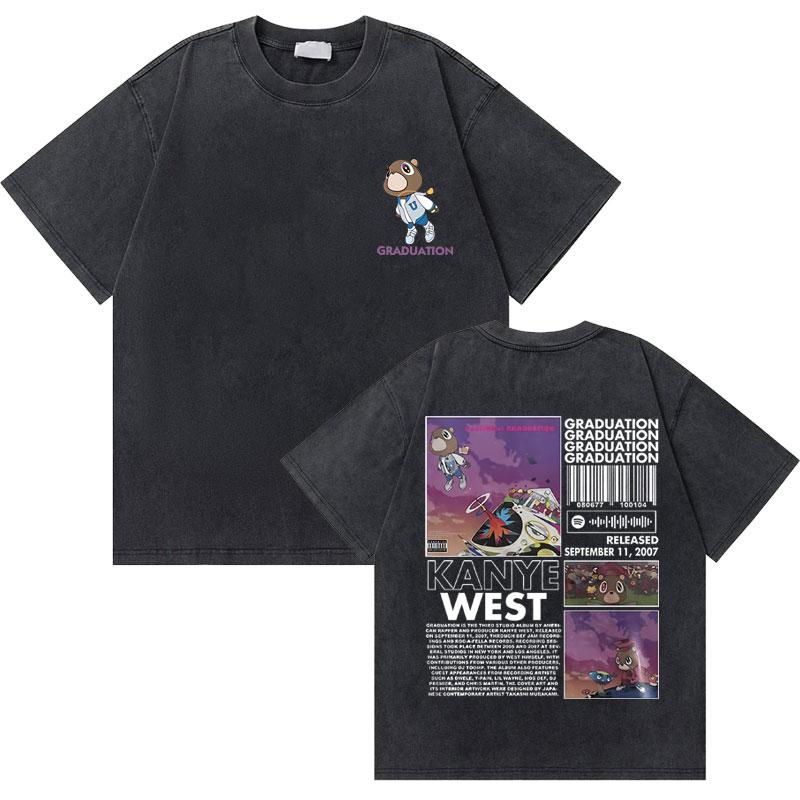 Washed Vintage Rapper Kanye West Graduation Bear Graphic T Shirt Men Pure Cotton Tshirt Mens Hip Hop Fashion Oversized Tshirt
