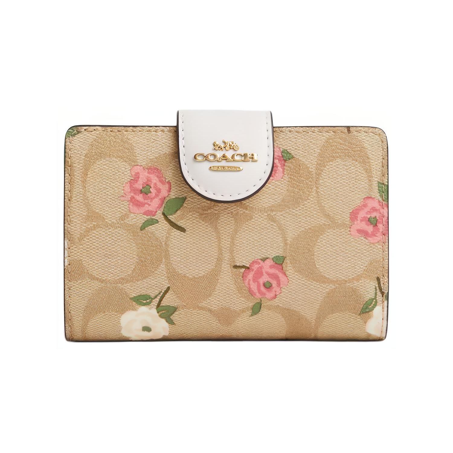 

Coach Corner Zip 13 Floral Print Logo Coated Canvas And Leather Wallet Women wallet Gold Light-Khaki Multicolor CR968-IMOTV Basic Set (Bag+Dust Bag)