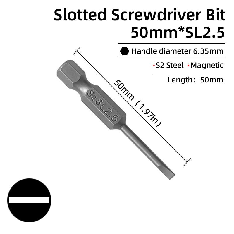 50/100mm 2.0-6.0mm Flat Head Screwdriver Bits Set Magnetic Tip Slotted Screwdriver Drill 1/4 Inch Hex Shank Hand/Electric Tools