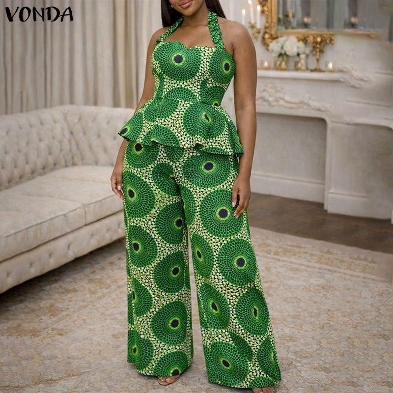 VONDA Two Piece Suit Women Sleeveless Floral Print Halter Tops and Long Pants Casual Sets