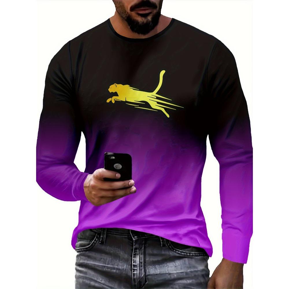 Men's color blocked gradient men's long sleeved round neck T-shirt, casual and comfortable T-shirt