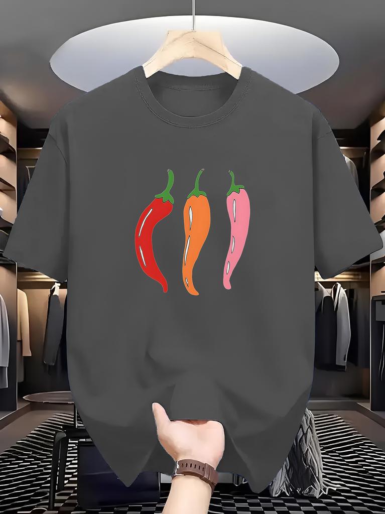 Unisex Navy Blue Crew Neck Tee Three Colorful Red Orange Pink Chili Pepper Simple Cartoon Vegetable Minimal Casual Cotton Tops