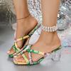 Fashion Beach Vocation High Clear Heels Sandals Women Summer 2025 Fashion Big Square Toe Floral Print Bohemia Slides Woman Plus Size 43