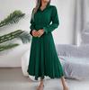 Spring Summer Women Long Sleeve Solid Pleated High Waist A Line V-Neck Long Dress