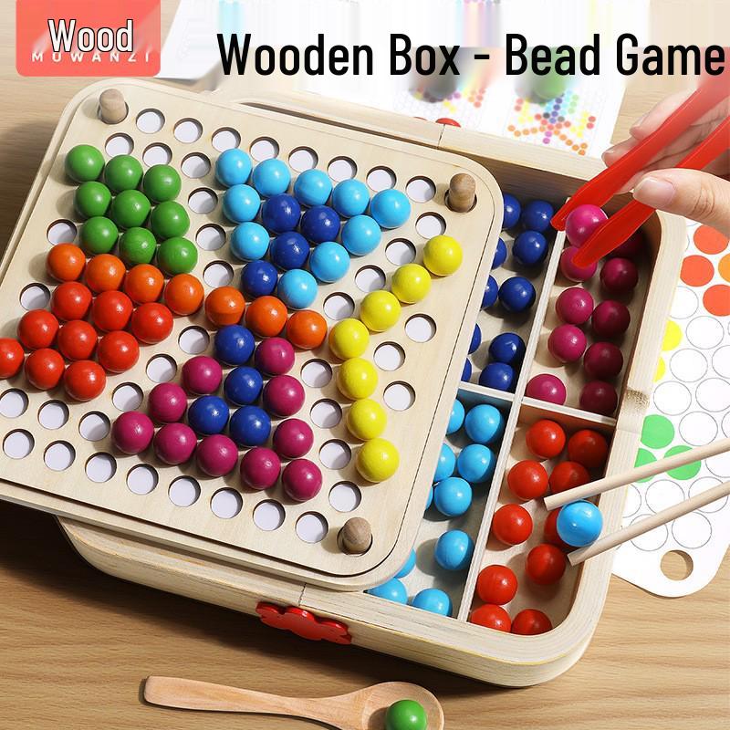 Wooden Children's Bead Puzzle Game Tweezers - Fun Hand-Eye Coordination Toy for Early Education