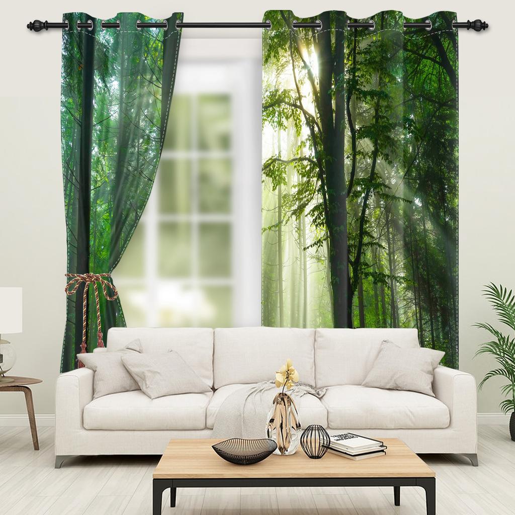 2pcs Blackout Curtains Perforated Polyester Sunny Forest and Natural Green Space Curtain of Bedroom Balcony Living Room Curtains