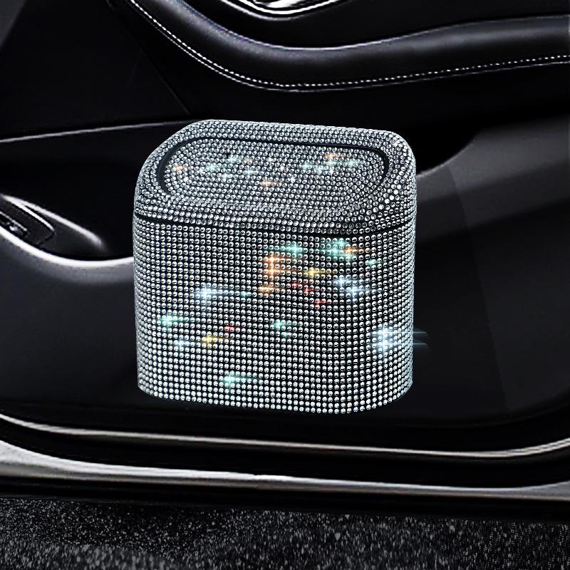 Rhinestone Car Trash Can - Flip-Top Hanging Interior Storage Bin