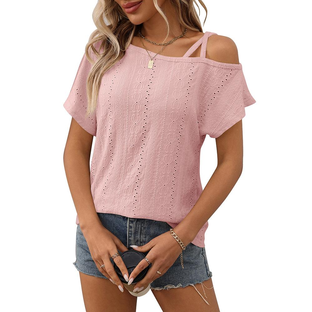 Summer Women's Solid Color Single Shoulder Short Sleeved T-shirt with Hollowed Out Top for Women Shirt