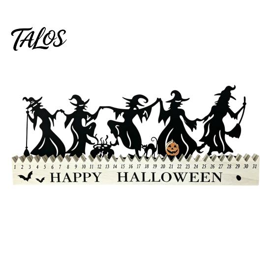 Reusable Holiday Ornaments Halloween Wooden Countdown Calendar, Dancing Witch 31 Day Timer with Silhouette Sliding Pumpkin, Spooky Tabletop Decor for