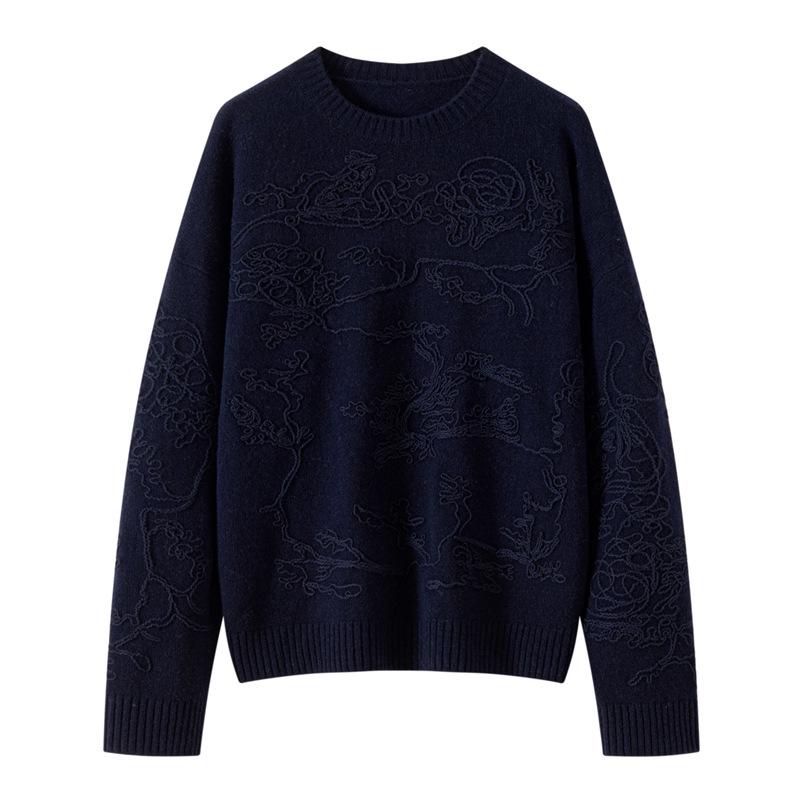 Women's Jacquard Design Wool Sweater: French Autumn/Winter Slimming Round Neck Long Sleeve Pullover.