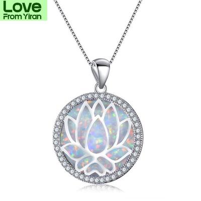 Colgantes de flor de loto arcoíris de plata esterlina 925 de Blaike, collares con piedra natal de ópalo de fuego blanco/azul para mujeres, joyería fina de circón