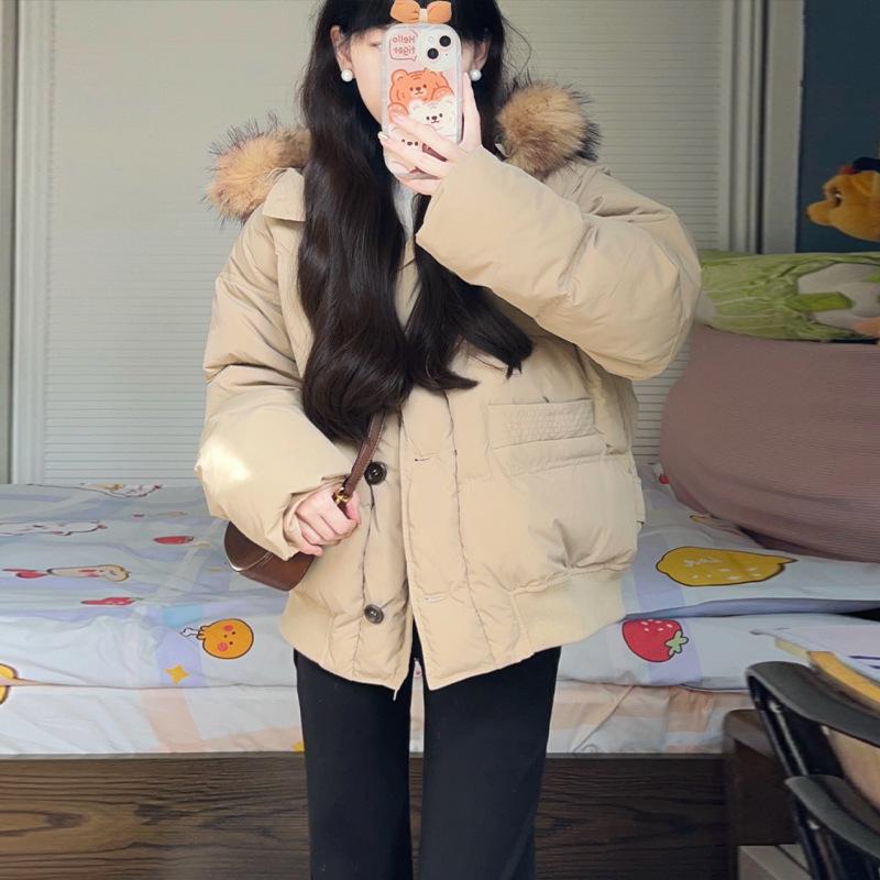 

2025 Женская короткая зимняя куртка в корейском стиле с меховым воротником, пуховая, хлопковая M