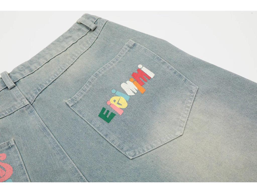 Unisexowe szorty dżinsowe w amerykańskim stylu z kolorowym napisem Dopamina: Wiosenno-letnie luźne spodnie cropped