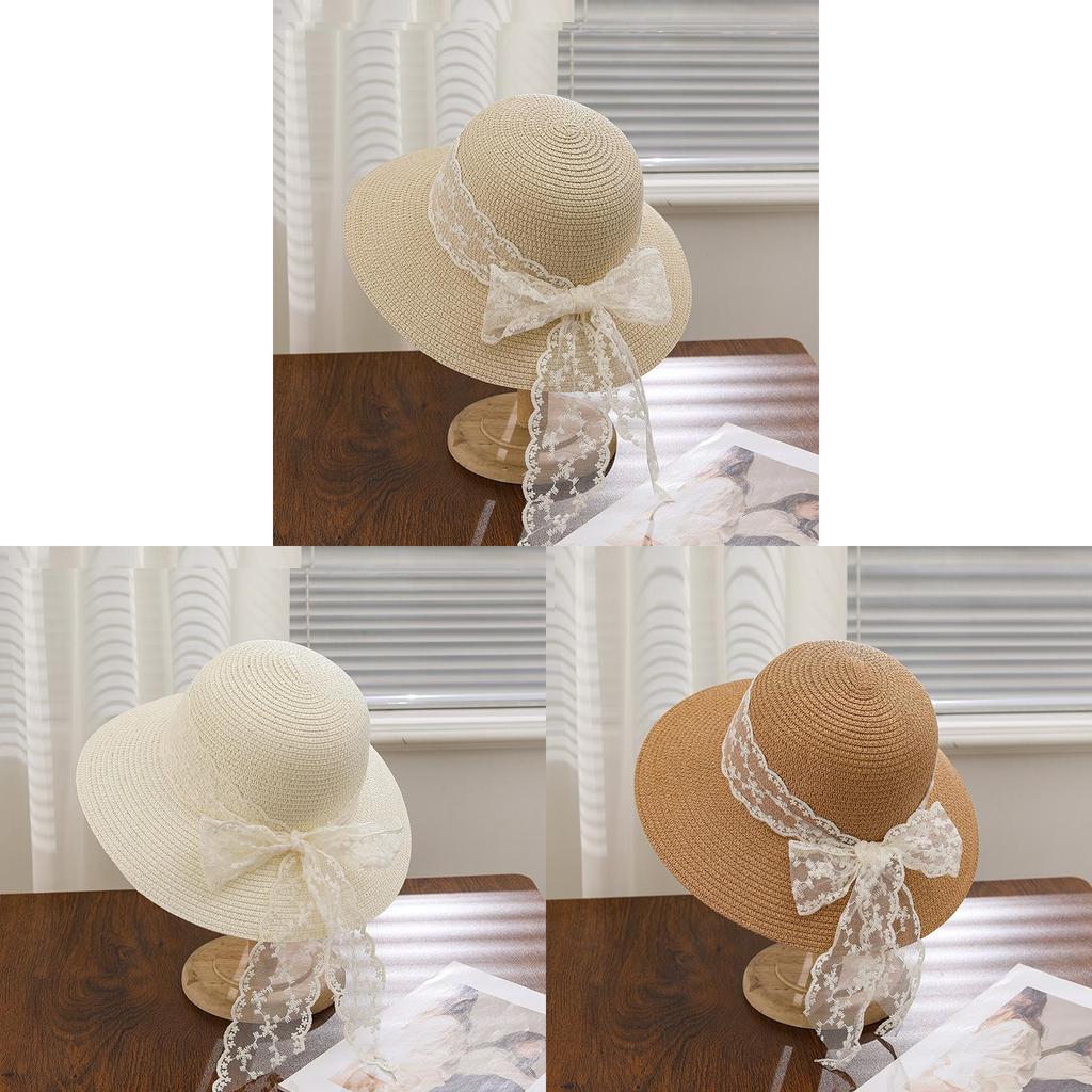 French Lace Ribbon Sun Hat With Wide Brim For Summer Beach Vacation Girls