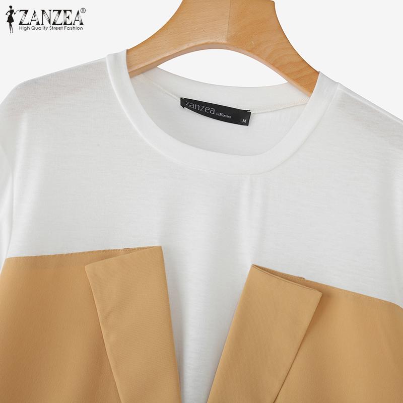 ZANZEA Women Casual Round Neck Summer Short Sleeve Patchwork Blouse