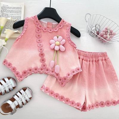 New Girls' Denim Set: Sleeveless Top & Lace-Trimmed Shorts with 3D Flower, Summer 2025, Two-Piece Outfit