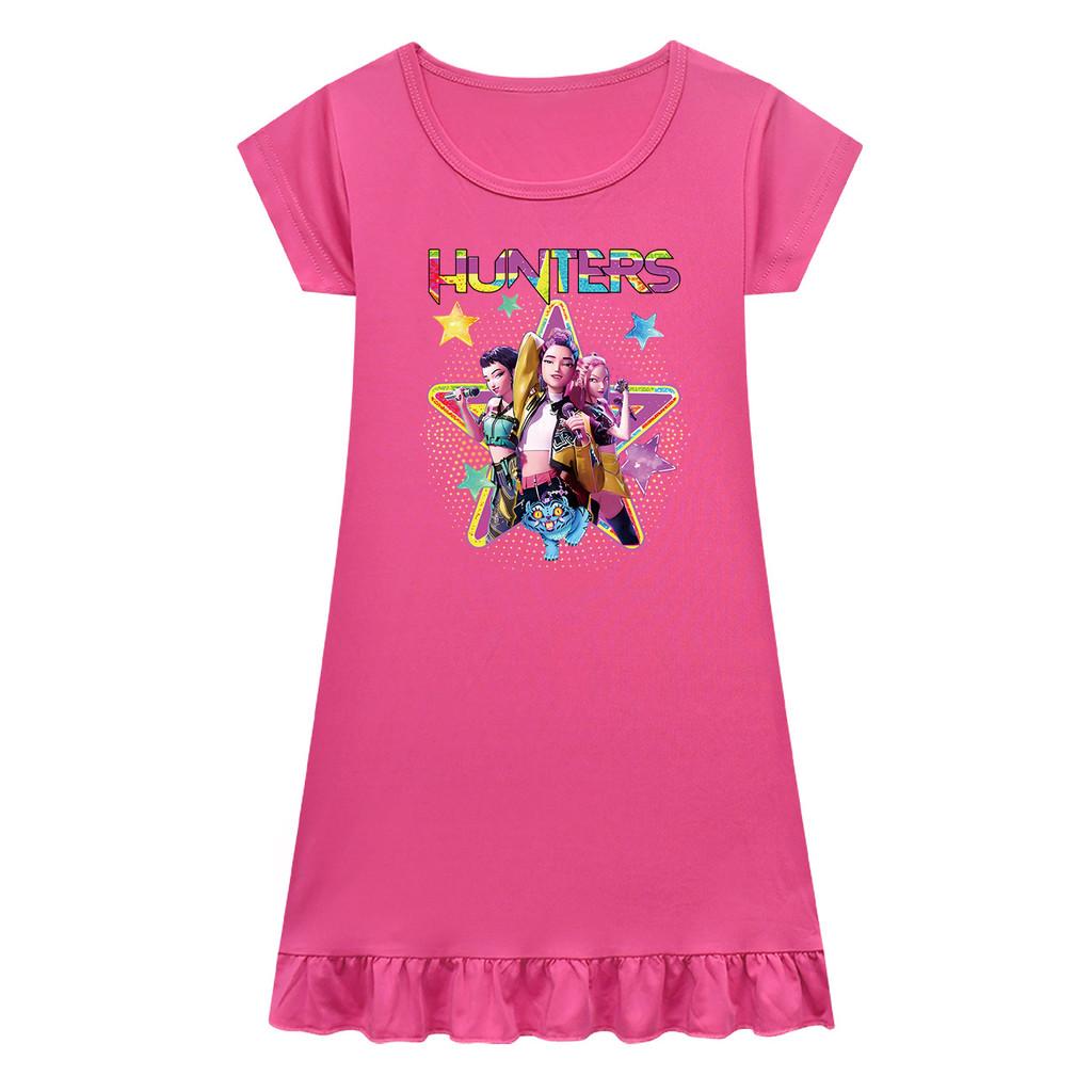 Kids Girls Anime Cartoon K-POP Rumi Print Pleat Short Sleeve Casual Round Neck Dress