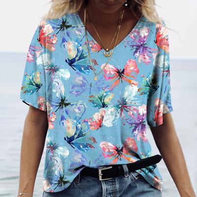 Butterfly Floral Graphic 3D Print T-Shirts Women's Y2k Tops Tees V Neck Female Harajuku Oversized Casual Clothes