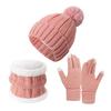 3Pcs/Set Winter Knitted Scarf Gloves Set Pom Pom Ball Fleece Lining Brimless Hat Touchscreen Gloves Neck Warmer Set