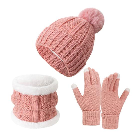 3Pcs/Set Winter Knitted Scarf Gloves Set Pom Pom Ball Fleece Lining Brimless Hat Touchscreen Gloves Neck Warmer Set