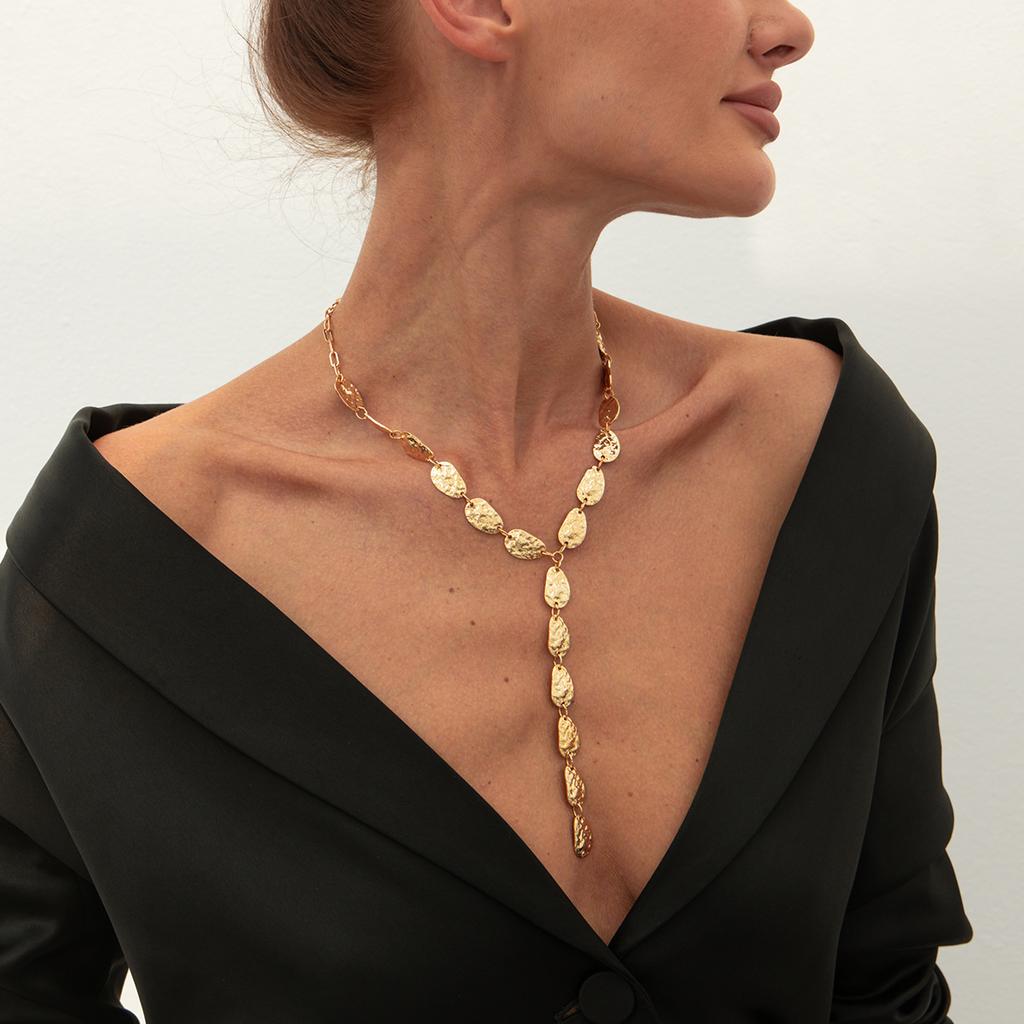 Irregular Baroque Y-shaped Collarbone Chain Cold Wind Flat Water Drop Pendant Necklace Female