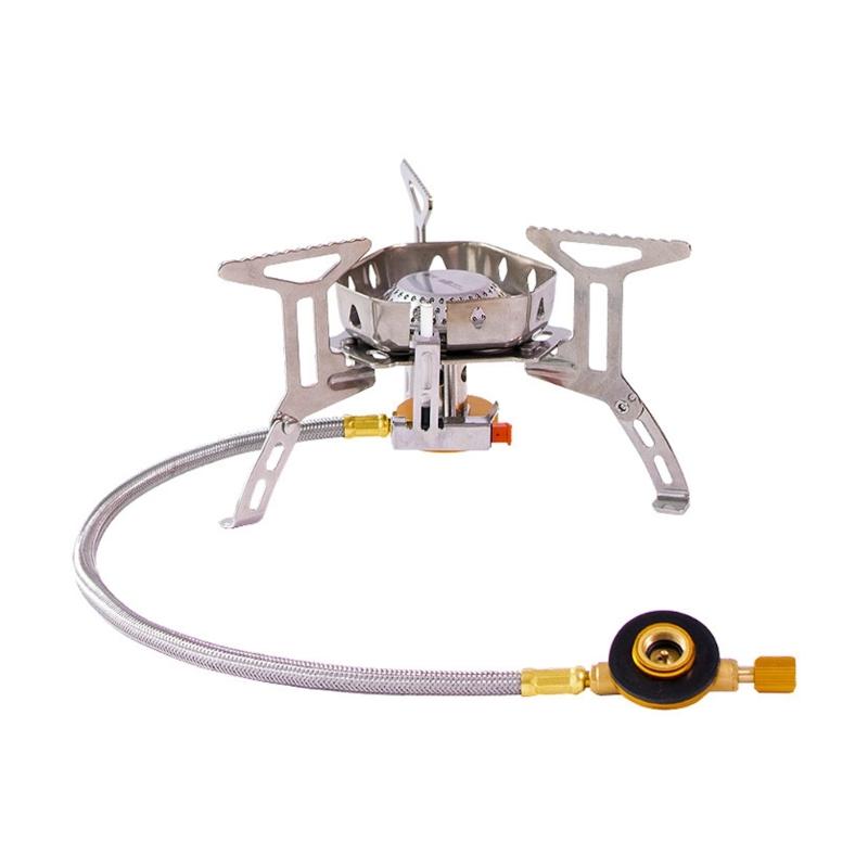 Outdoor Cooking Gas Stove with Remote Hose Link, Steel Body and Folding Pot Burners for Camp Meals and Boiling Water