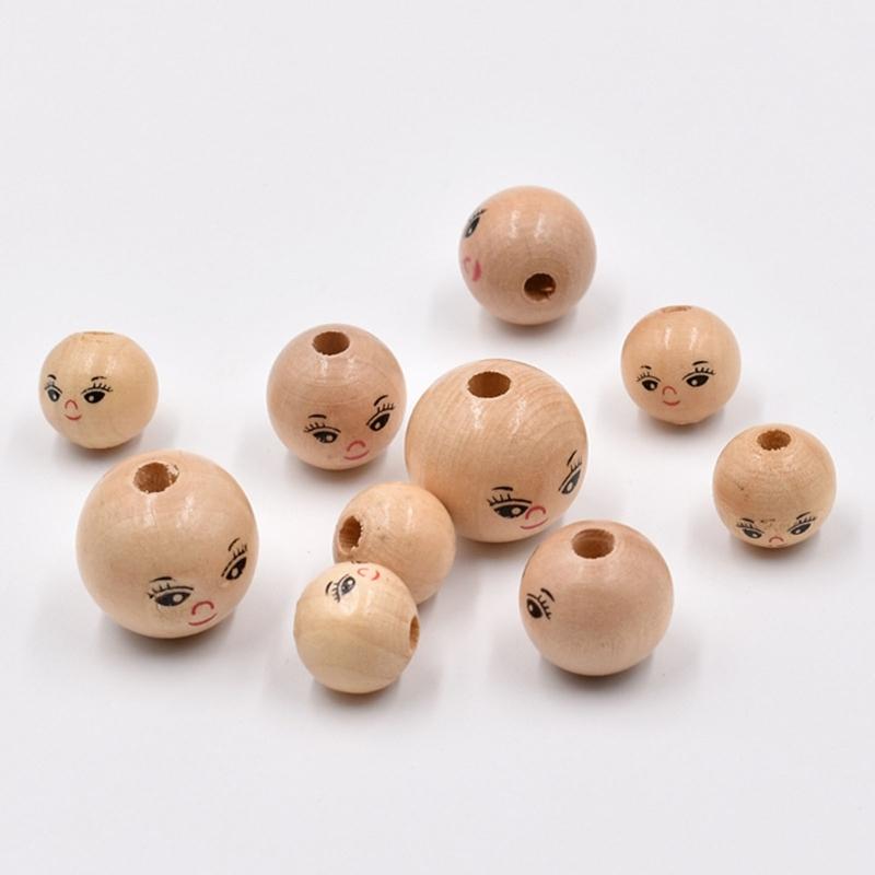 20Pcs/set Wooden Doll Head Beads for DIY Jewelry Making and Crafts Cute Smiling Face Loose Beads Wood Round Spacers