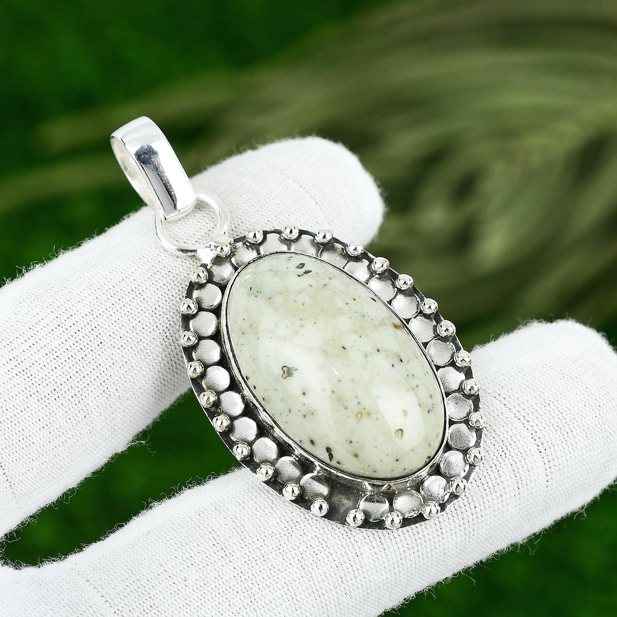 

Natural Ocean Jasper Gemstone Pendant Gray 925 Sterling Silver Indian Jewelry