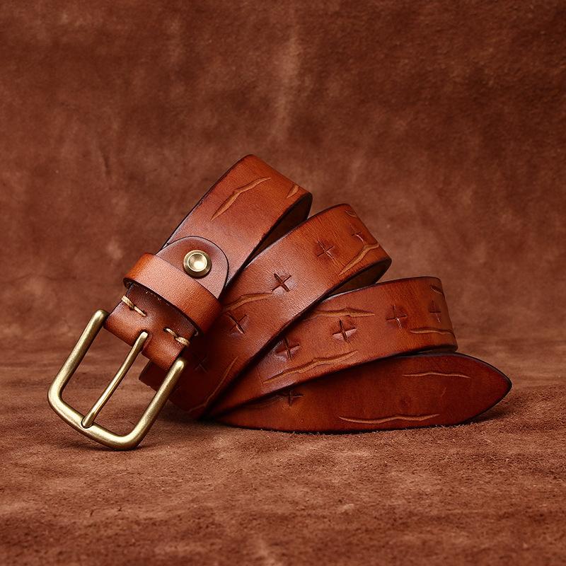 Men's Leather Belt Full Hole Vintage Distressed Knife for Handcraft Cut Genuine Leather Fashion Personality Trend First Layer Cowhide Belt