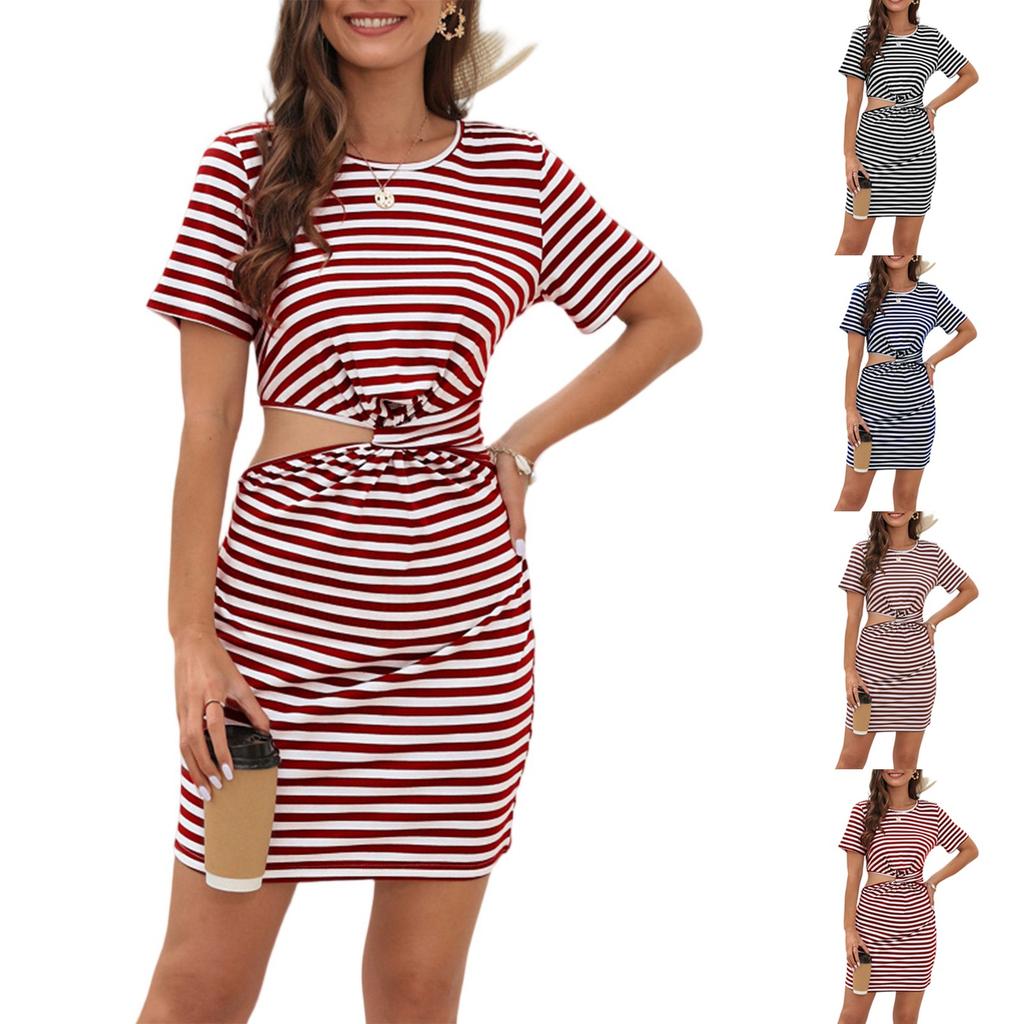 Women's Fashionable casual round neck short sleeved high waisted strap printed dress