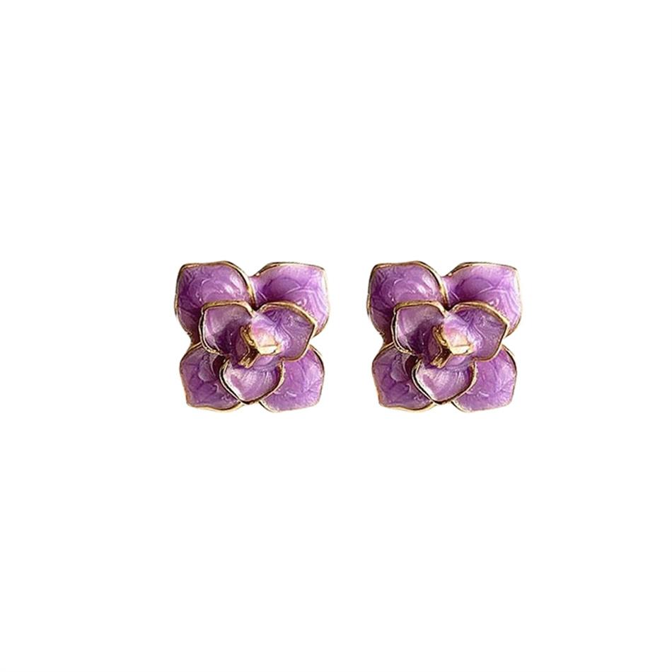 Glaze Purple Color Flower Stud Earring for Women French Retro Elegant Korean Sweet Ear Wedding Party Jewelry Gift