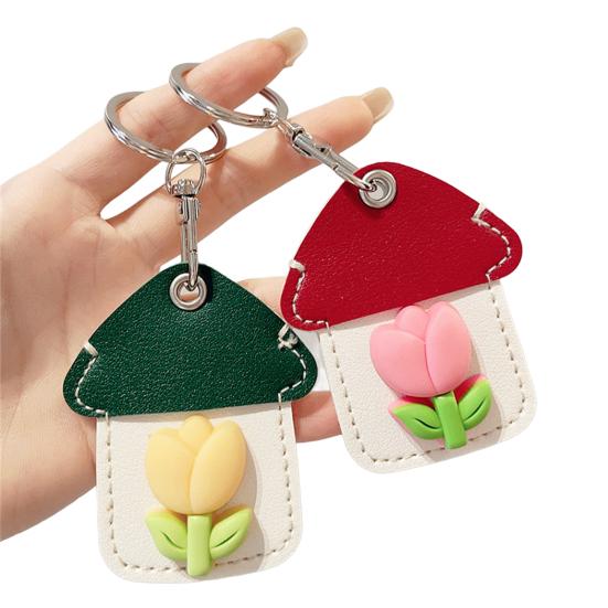 2Pcs Elegant Tulip Key Holder Faux Leather House Shape Keychain