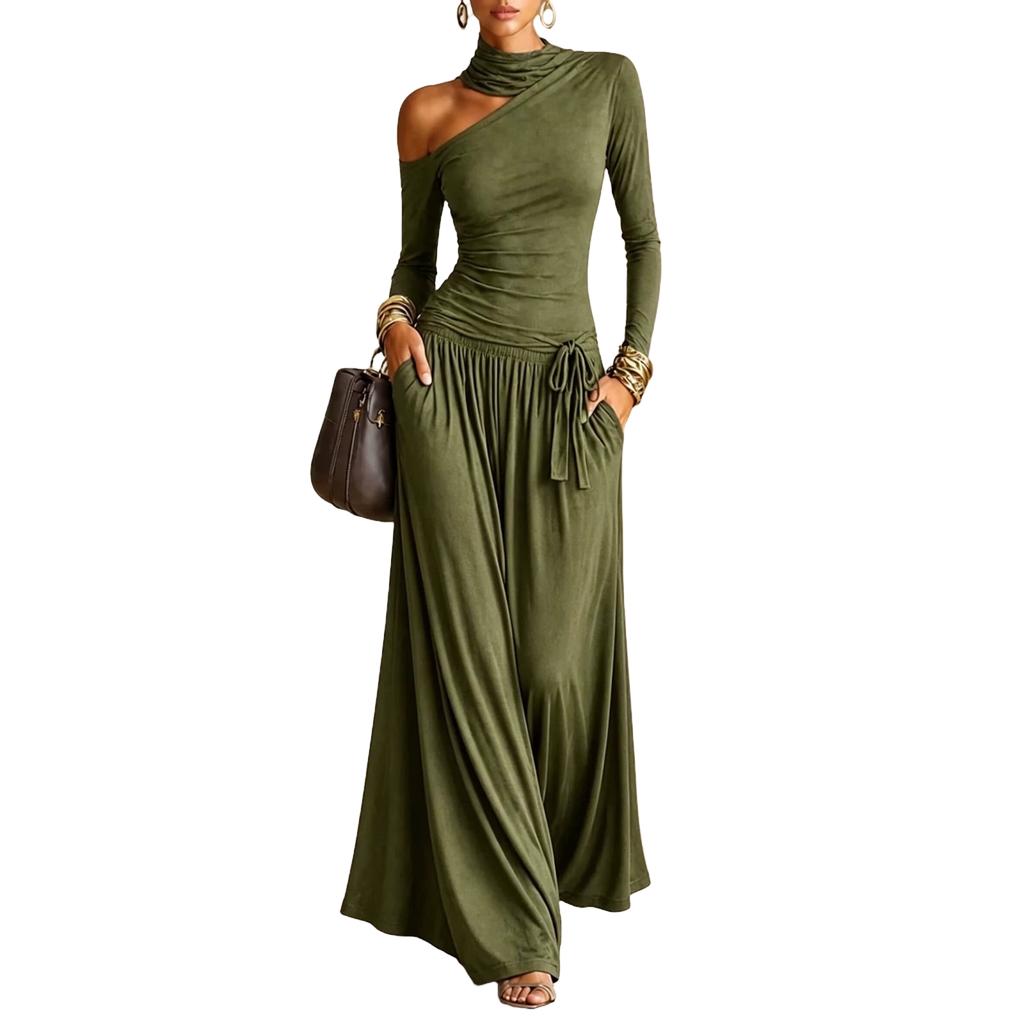 Women's Color Asymmetrical Off Shoulder Long Sleeve Casual Vacation Dress for Beach and Travel