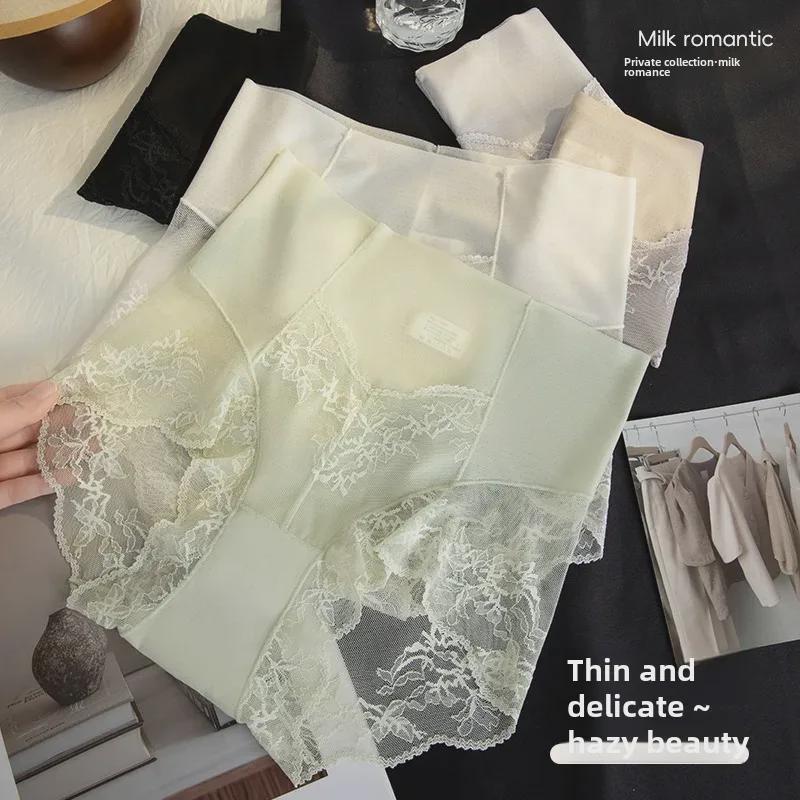 "Women's High Waist French Lace Summer Panties - Ice Silk, Mulberry Silk, Antibacterial, Seamless, Abdomen & Hip Lifting"