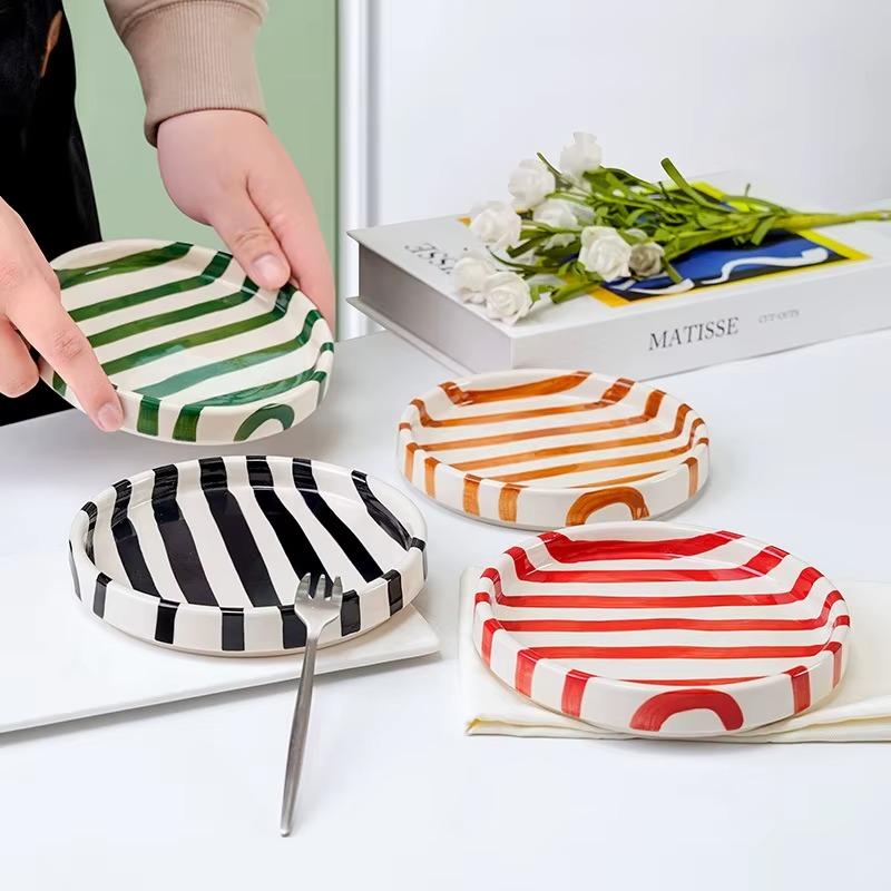 Colorful Ceramic 6inch Striped Plates – Handcrafted Dinnerware for Kitchen, Home Decor, Dessert, Salad, Party Use