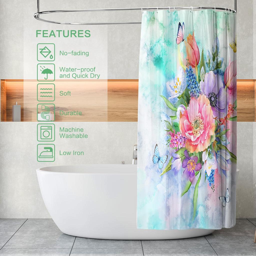 Blumen Duschvorhang, Aquarellblumen Duschvorhang Sommer Blühende Blumen Malerei Duschvorhang Sets Wasserdicht Polyester