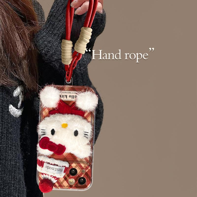 Kitty cat doll lanyard for iPhone 16 mobile phone case 15pro cute plush 14 flip mirror 13 red