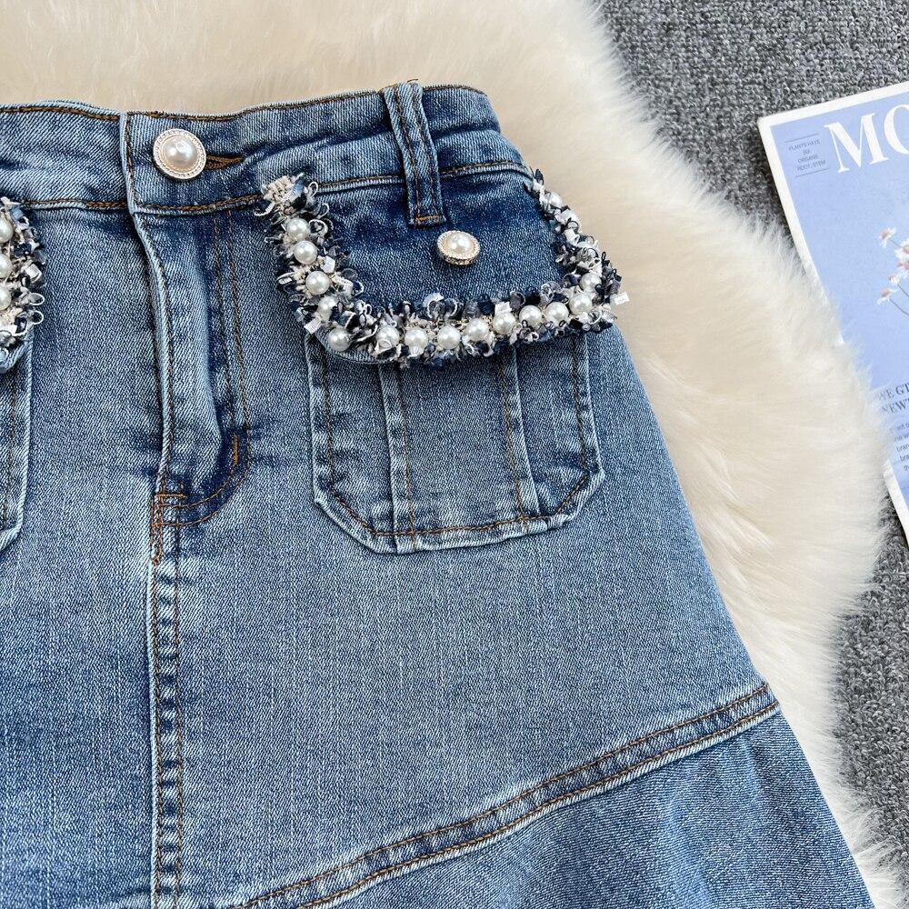 Summer Commuter Korean Fashion Girl High Waist Denim Skirt Slim Pleated A-Shaped Fishtail Skirt