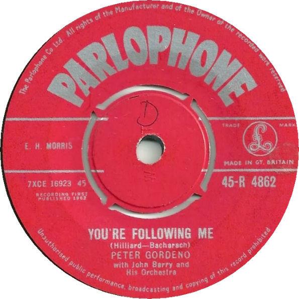 

7inch Record PETER GORDENO JOHN BARRY HIS ORC Youre Following Me 45R4862 Parlophone UK Pop Used