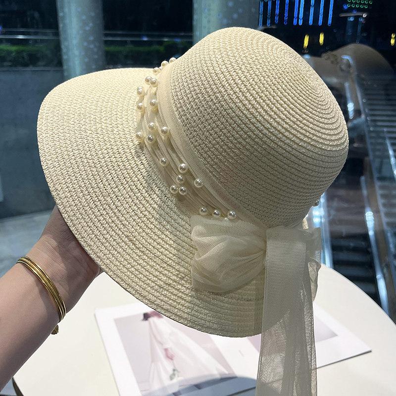 New bow mesh temperament women spring and autumn summer sunshade sunscreen straw woven bucket hat straw hat travel hat